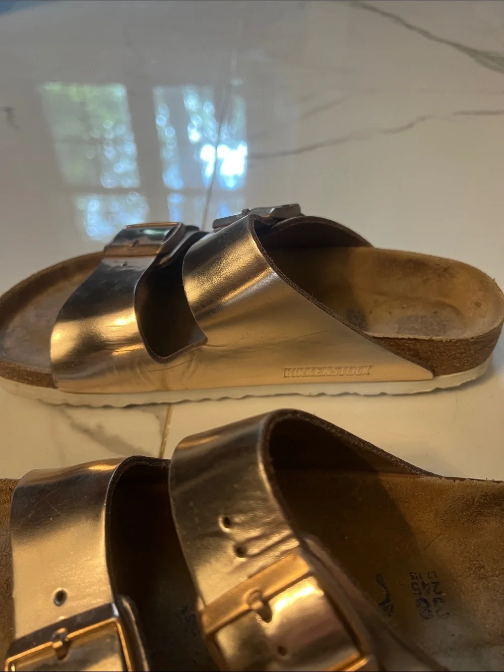 Women’s Birkenstock metallic Rose Gold Double-Buckle Slide Sandals